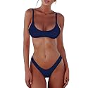 SherryDC Women's Solid Scoop Neck Push Up Padded Brazilian Thong Bikini Swimsuit Bathing Suit