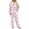 SHESHOW Womens Pajama Sets Short Sleeve Long Pants 2 Piece Satin Pjs Volleyball Print Pajamas for Women Set White Size L