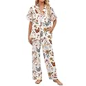SHESHOW Satin Pajama Set for Women Short Sleeve Long Pants 2 Piece Silky Pajamas Farm Floral Chickens Pj Sets for Woman Size M