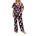 SHESHOW Cute Womens Pajamas Set Silky Satin Short Sleeve Long Pants 2 Piece Pjs New York Pajamas for Women Set XS