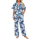 SHESHOW Women Summer Pajamas 2 Piece Pjs Short Sleeve Long Pants Blue Hawaiian Floral Silky Satin Cute Pajamas for Women Set XL