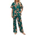 SHESHOW Silky Satin Pajama Set for Women Short Sleeve Button Down Sleepwear 2 Piece Tiger Print Pjs for Womens Pajamas Dark Green M