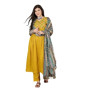 SheWill Womens Mustard American Crepe Zari Sequence