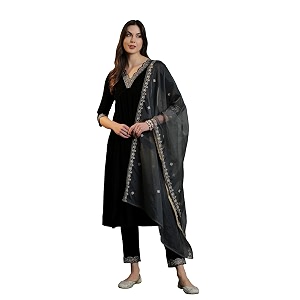 SheWill Womens Zari Sequence Embroiderd Velvet Kurta