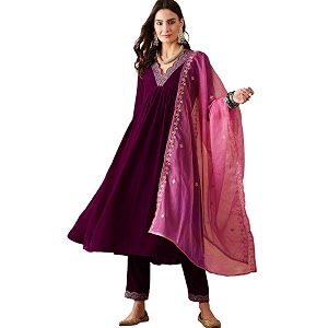 SheWill Womens Zari Sequence Embroiderd Velvet Kurta