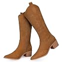 SHIBEVER Suede Knee High Cowboy Boots for Women Comfortable Tall Cowgirl Boots Zipper Low Heel Fall Winter Western Booties