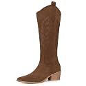 SHIBEVER Suede Knee High Cowboy Boots for Women Comfortable Tall Cowgirl Boots Zipper Low Heel Fall Winter Western Booties