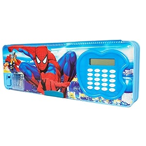 multipurpose magnetic pencil box with calculator dual sharpener for girls amp boys for school big size cartoon printed pencil case for kids spiderman blue