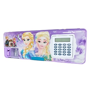 plastic multipurpose magnetic pencil box with calculator amp dual sharpener for girls amp boys for school  big size cartoon printed pencil case for kids elsa frozen princess purple