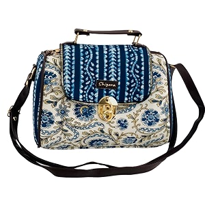womens cotton printed vegan leather satchel  medium top handle handbag with lock closure  spacious crossbody sling bag  elegant ladies purse  gift for teenagers