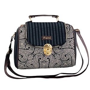 womens cotton printed vegan leather satchel  medium top handle handbag with lock closure  spacious crossbody sling bag  elegant ladies purse  gift for teenagers