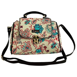 womens cotton printed vegan leather satchel  medium top handle handbag with lock closure  spacious crossbody sling bag  elegant ladies purse  gift for teenagers