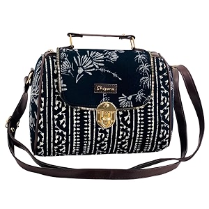 womens cotton printed vegan leather satchel  medium top handle handbag with lock closure  spacious crossbody sling bag  elegant ladies purse  gift for teenagers