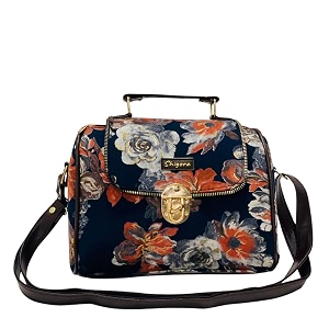 womens cotton printed vegan leather satchel  medium top handle handbag with lock closure  spacious crossbody sling bag  elegant ladies purse  gift for teenagers