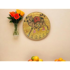 shilpam handcrafted traditional pichwai artwork camel painted round shape wooden wall hanging plate for decorative home office cafe restraunt 8 inches