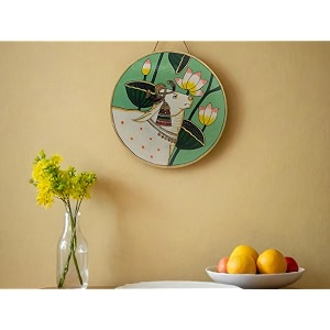 shilpam handcrafted traditional pichwai artwork cow painted round shape wooden wall hanging plate for decorative home office cafe restraunt - design 2 8 inches
