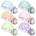 Shinymoon 6 Pack Scrub Caps Women Satin Lined Nurse Surgical Hat with Buttons Adjustable Ponytail Bouffant Hats Working Caps Tie Back