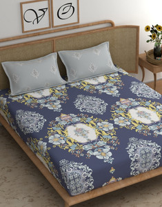 shirin creation microfiber king flat 350 tc floral 1 bedsheet with 2 pillow covers dark blue grey pillow covers