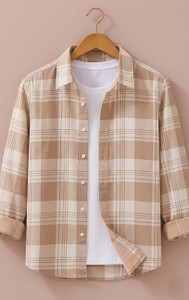 SHIRTZONE Men Checkered Casual Beige Shirt