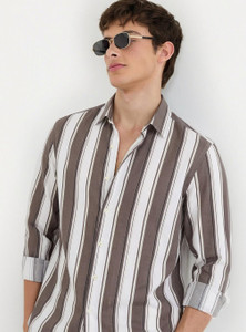 SHIRTZONE Men Striped Casual Brown Shirt
