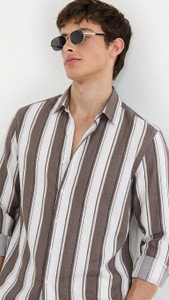 SHIRTZONE Men Striped Casual Brown White Shirt