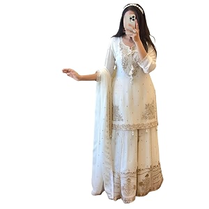 Shishkala Womens White Embroidered Georgette Sharara Set