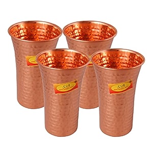 shiv shakti arts dr copper 100 pure drinking copper glass - 4 pieces 500 ml each hammer curved design big lassi glass