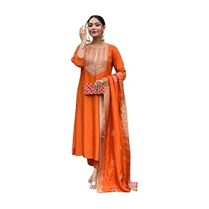 Shiv Textiles Womens Chanderi Silk Embroidered Kurta