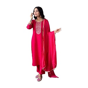 Shiv Textiles Womens Chanderi Silk Embroidered Kurta
