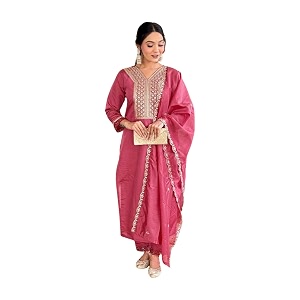 Shiv Textiles Womens Chanderi Silk Embroidered Kurta