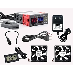 shockley stc-3028 dual led digital thermometer hygrometer controller sht20 temperature humidity sensor thermostat combo stc-3028  1 amp adapter  mains power cord  2 fan  thermometer  dc jack