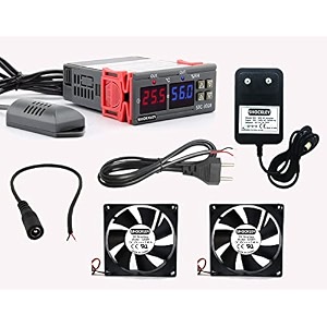 shockley stc-3028 dual led digital thermometer hygrometer controller sht20 temperature humidity sensor thermostat combo stc-3028  1 amp adapter  mains power cord  2 fan  dc jack