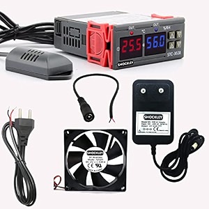 shockley stc-3028 dual led digital thermometer hygrometer controller sht20 temperature humidity sensor thermostat combo stc-3028  1 amp adapter  mains power cord  1 fan  dc jack