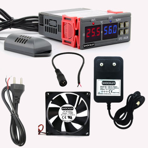 shockley stc-3028 dual led digital thermoregulator thermometer hygrometer controller sht20 temperature humidity sensor humidistat thermostat combo stc-3028  mains power cord  1 fan  dc female jack  12v 1amp adapter  temperature sensor and controller electronic hobby kit