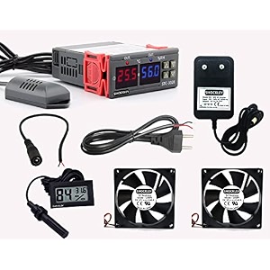 shockley stc-3028 dual led digital thermometer hygrometer controller sht20 temperature humidity sensor thermostat combo stc-3028  1 amp adapter  mains power cord  2 fan  hygrometer dc jack