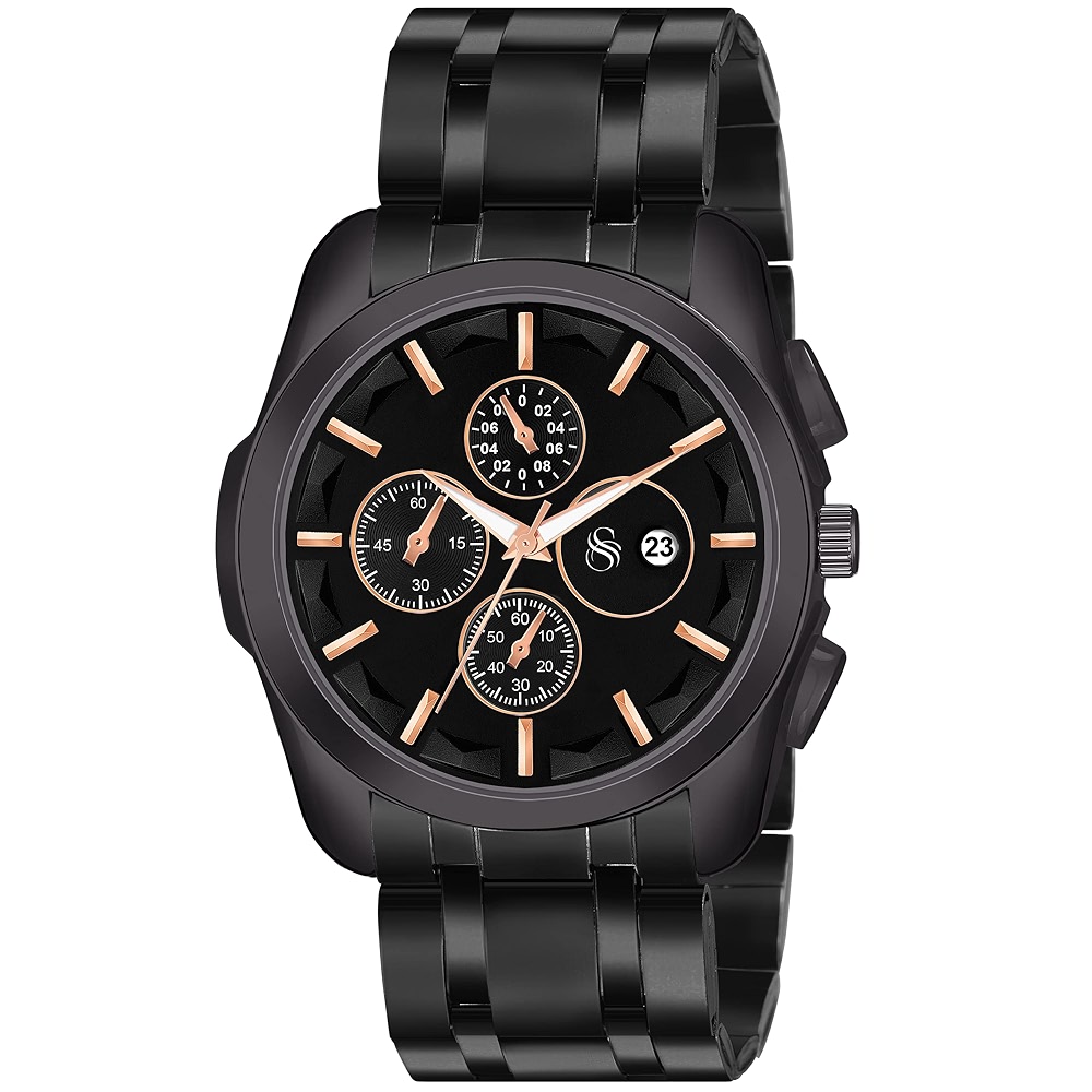 Shocknshop Analog Black Dial Date Aperture Functioning Stainless Steel ...