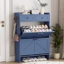 Shoe Cabinet with 2 Flip Drawers &amp; 2 Top Drawers, 43" Tall Freestanding Narrow Wooden Shoe Storage Organizer for Entryway, Hidden Slim Shoe Rack for Front Door Entrance, Hallway, Living Room, Blue