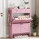 Shoe Cabinet with 2 Flip Drawers &amp; 2 Top Drawers, 43" Tall Freestanding Narrow Wooden Shoe Storage Organizer for Entryway, Hidden Slim Shoe Rack for Front Door Entrance, Hallway, Living Room, Pink