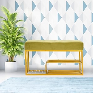 luxury velvet storage bench with shoe rack  upholstered entryway ottoman seat  soft cushioned sitting  gold metal frame furniture  end of bed seating for bedroom living room amp hallway lime green