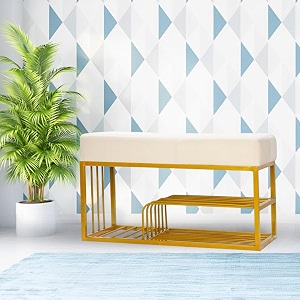 luxury velvet storage bench with shoe rack  upholstered entryway ottoman seat  soft cushioned sitting  gold metal frame furniture  end of bed seating for bedroom living room amp hallway  white