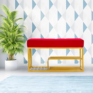 luxury velvet storage bench with shoe rack  upholstered entryway ottoman seat  soft cushioned sitting  gold metal frame furniture  end of bed seating for bedroom living room amp hallway  red