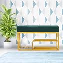 Luxury Velvet Storage Bench with Shoe Rack | Upholstered Entryway Ottoman Seat | Soft Cushioned Sitting | Gold Metal Frame Furniture | End of Bed Seating for Bedroom, Living Room & Hallway| Pine Green