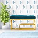Luxury Velvet Storage Bench with Shoe Rack | Upholstered Entryway Ottoman Seat | Soft Cushioned Sitting | Gold Metal Frame Furniture | End of Bed Seating for Bedroom, Living Room &amp; Hallway|Ocean Green