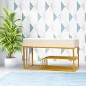 Luxury Velvet Storage Bench with Shoe Rack | Upholstered Entryway Ottoman Seat | Soft Cushioned Sitting | Gold Metal Frame Furniture | End of Bed Seating for Bedroom, Living Room &amp; Hallway | White