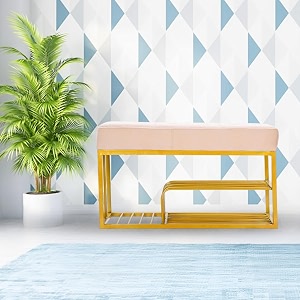 luxury velvet storage bench with shoe rack  upholstered entryway ottoman seat  soft cushioned sitting  gold metal frame furniture  end of bed seating for bedroom living room amp hallway  cream