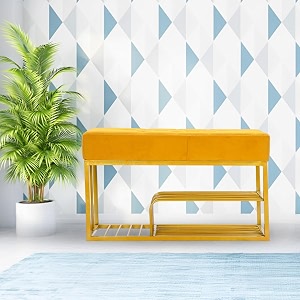 luxury velvet storage bench with shoe rack  upholstered entryway ottoman seat  soft cushioned sitting  gold metal frame furniture  end of bed seating for bedroom living room amp hallway  yellow