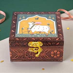 shopbeat handcrafted wooden jewellery box copper oxidised pichwai cow design 4x4 inch jewellery bangle bracelet earring necklace ring vanity box