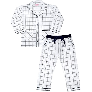 unisex pure cotton checkered full sleeved night suit for boys and girls full pyjama and top combo set sm-00332unisexswpt white