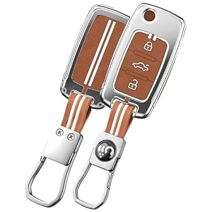 shopoflux metal key cover compatible for skoda amp volkswagen cars octavia laura superb fabia rapid polo vento jetta ameo passat 3 button flip key brown silicone