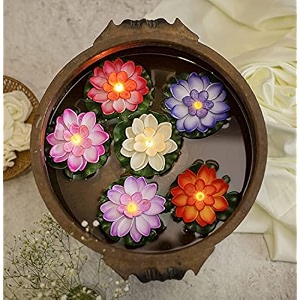 water floating lotus flower smokeless candles amp lotus flowers sensor led t-light unbreakable for outdoor amp indoor indian festival decoration pack of 06